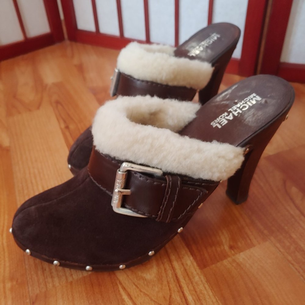Brown Michael Kors Suede Buckle Platform Mule